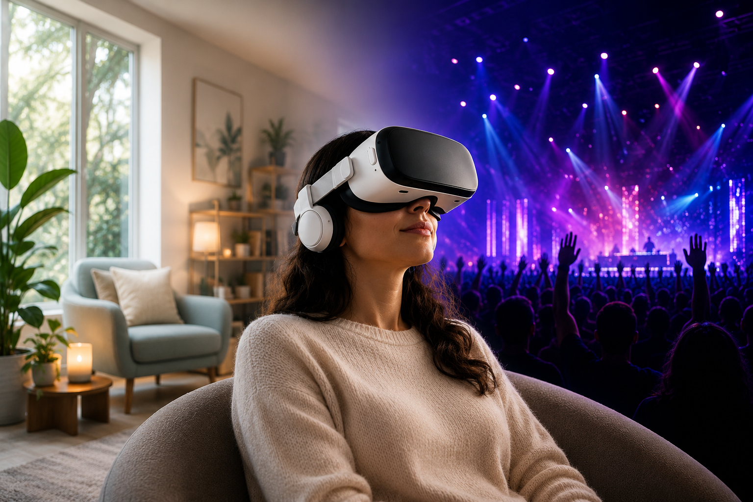 A cinematic scene connecting hospital care, nightlife, and immersive VR.