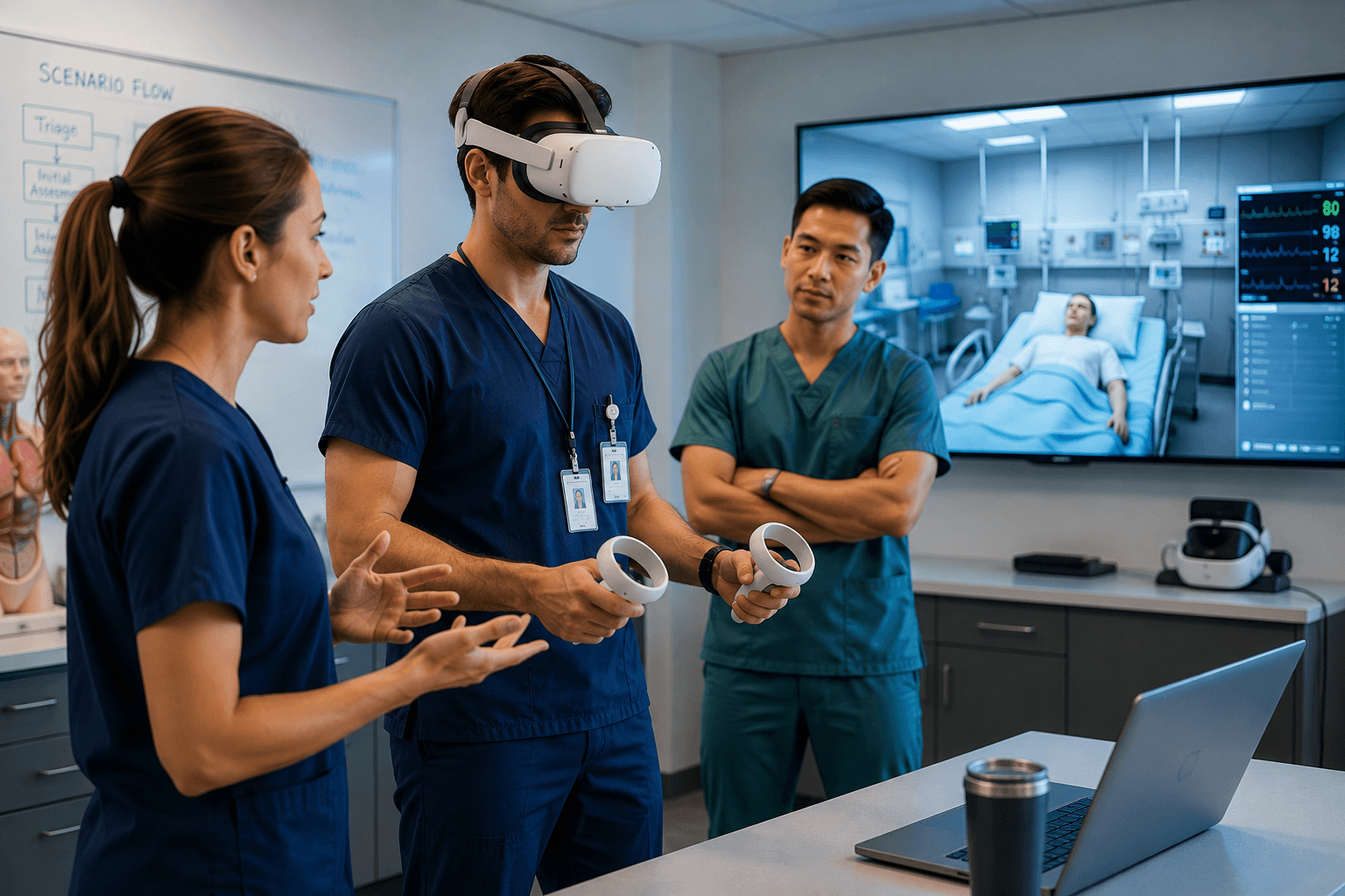 Healthcare professionals using VR during a clinical simulation training session