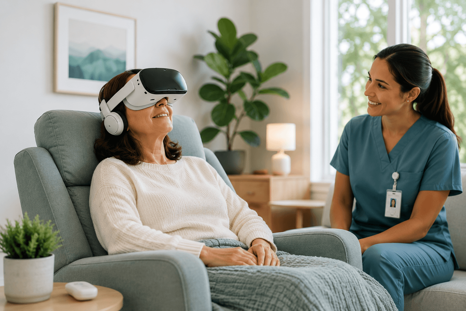 Patient using a VR headset with a clinician nearby in a calm care environment